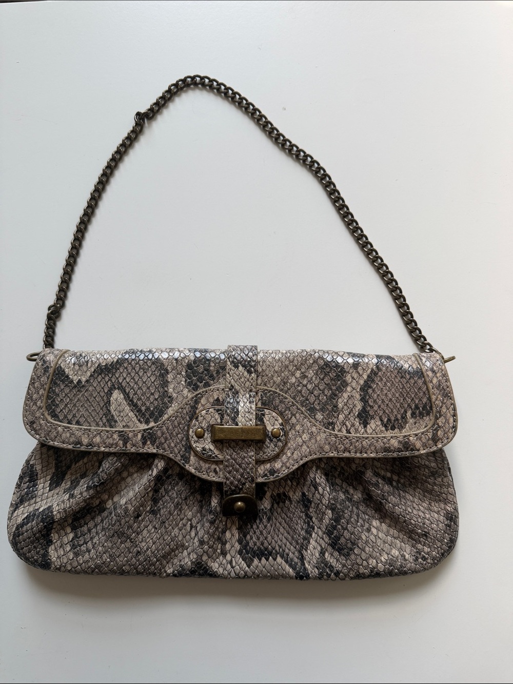 Talbots Taupe Snake-Print Chain Shoulder Bag